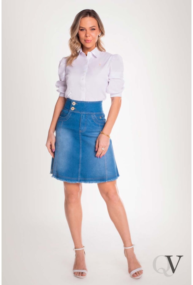 SAIA EVASÊ JEANS CÓS DIFERENCIADO E BARRA DESFIADA - VIA TOLENTINO SAIA EVASÊ JEANS CÓS DIFERENCIADO E BARRA DESFIADA - VIA TOLENTINO