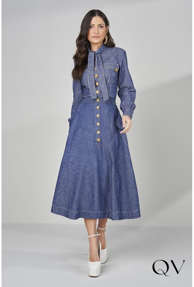 SAIA EVASÊ MAXI MIDI COM BOTÕES AZUL - TITANIUM JEANS SAIA EVASÊ MAXI MIDI COM BOTÕES AZUL - TITANIUM JEANS