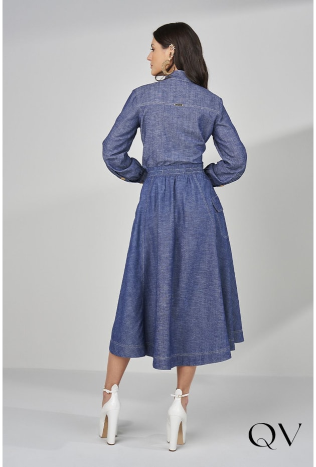SAIA EVASÊ MAXI MIDI COM BOTÕES AZUL - TITANIUM JEANS SAIA EVASÊ MAXI MIDI COM BOTÕES AZUL - TITANIUM JEANS