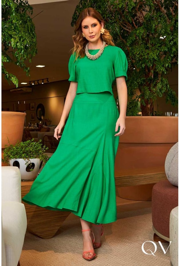 SAIA EVASÊ MAXI MIDI COM NESGAS VERDE - CORA CANELA SAIA EVASÊ MAXI MIDI COM NESGAS VERDE - CORA CANELA