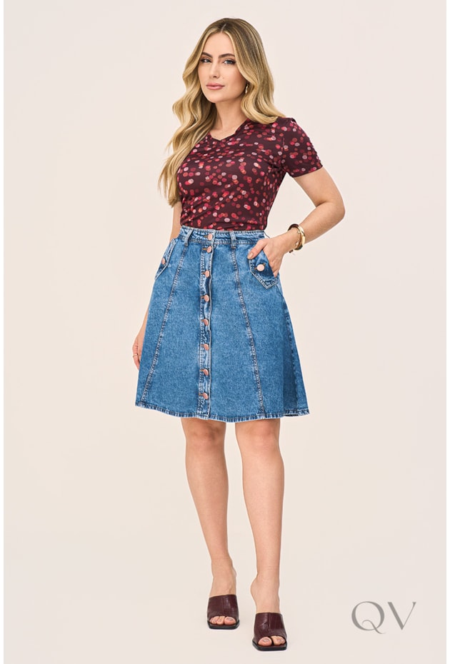 SAIA GODÊ COM BOTÕES EM JEANS ESCURO - LAURA ROSA