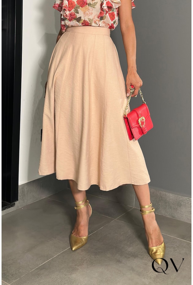 Babado Saia Gode Colorida Saia Godê Com Pregas Bege Luzia Fazzolli