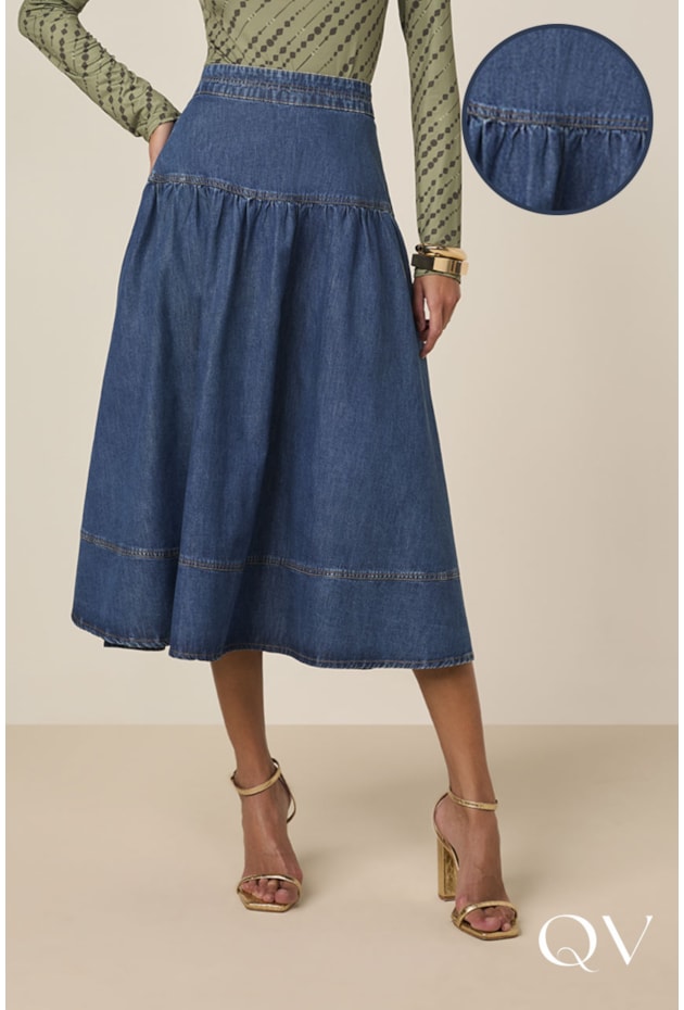 SAIA GODÊ EM JEANS COM RECORTES AZUL - TITANIUM JEANS SAIA GODÊ EM JEANS COM RECORTES AZUL - TITANIUM JEANS