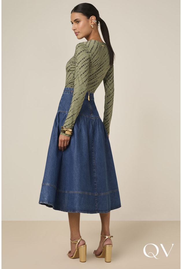 SAIA GODÊ EM JEANS COM RECORTES AZUL - TITANIUM JEANS SAIA GODÊ EM JEANS COM RECORTES AZUL - TITANIUM JEANS