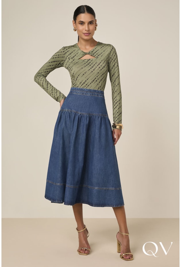 SAIA GODÊ EM JEANS COM RECORTES AZUL - TITANIUM JEANS SAIA GODÊ EM JEANS COM RECORTES AZUL - TITANIUM JEANS