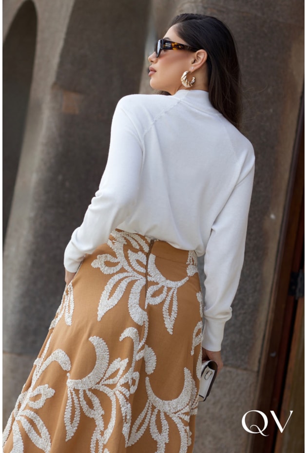 SAIA GODÊ EM LINHO BORDADO CARAMELO - LUZIA FAZZOLLI