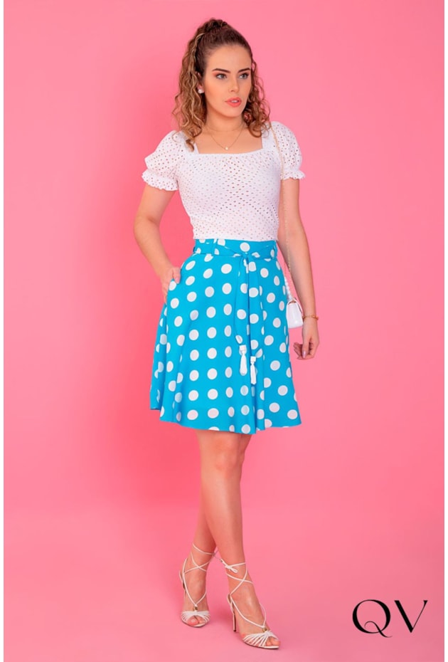 SAIA GODÊ ESTAMPA POÁ AZUL - PURO SHARMY SAIA GODÊ ESTAMPA POÁ AZUL - PURO SHARMY