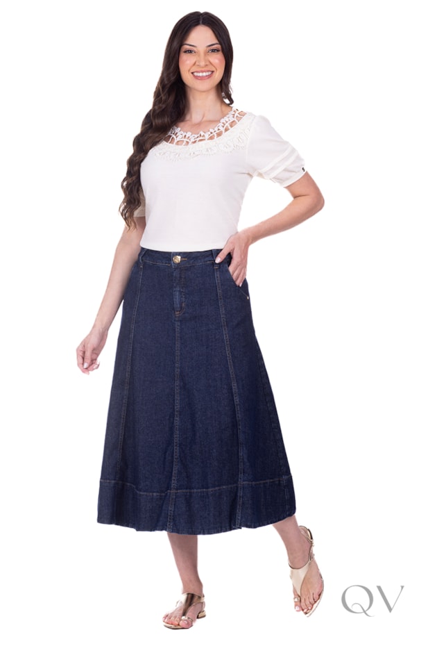 SAIA GODÊ MIDI EM JEANS ESCURO - HAPUK