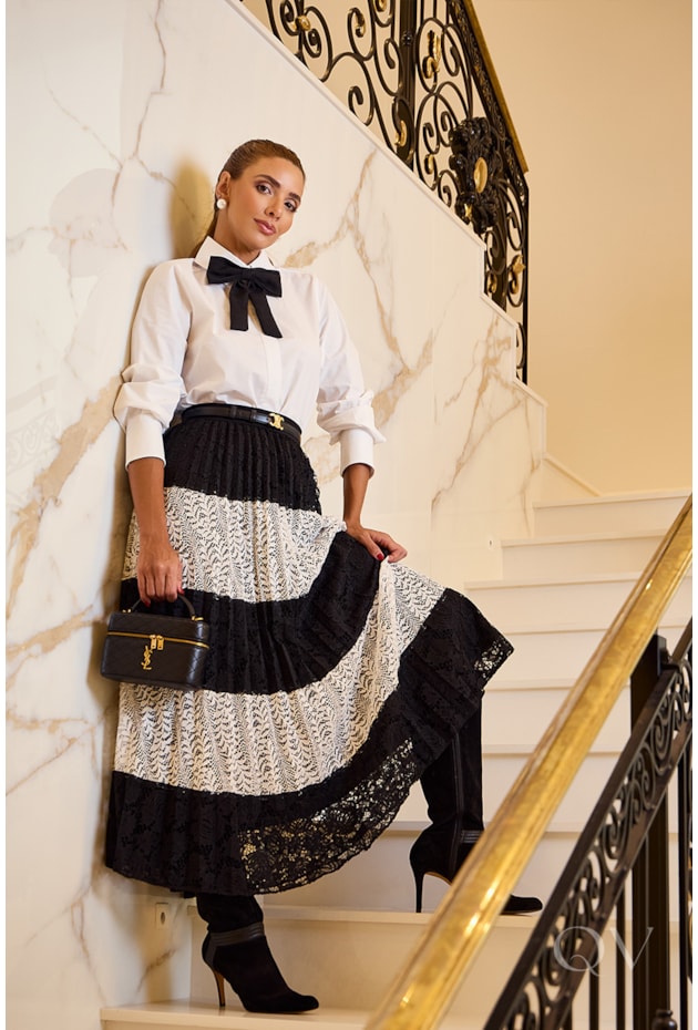 SAIA GODÊ PLISSADA EM RENDA BICOLOR - LUZIA FAZZOLLI