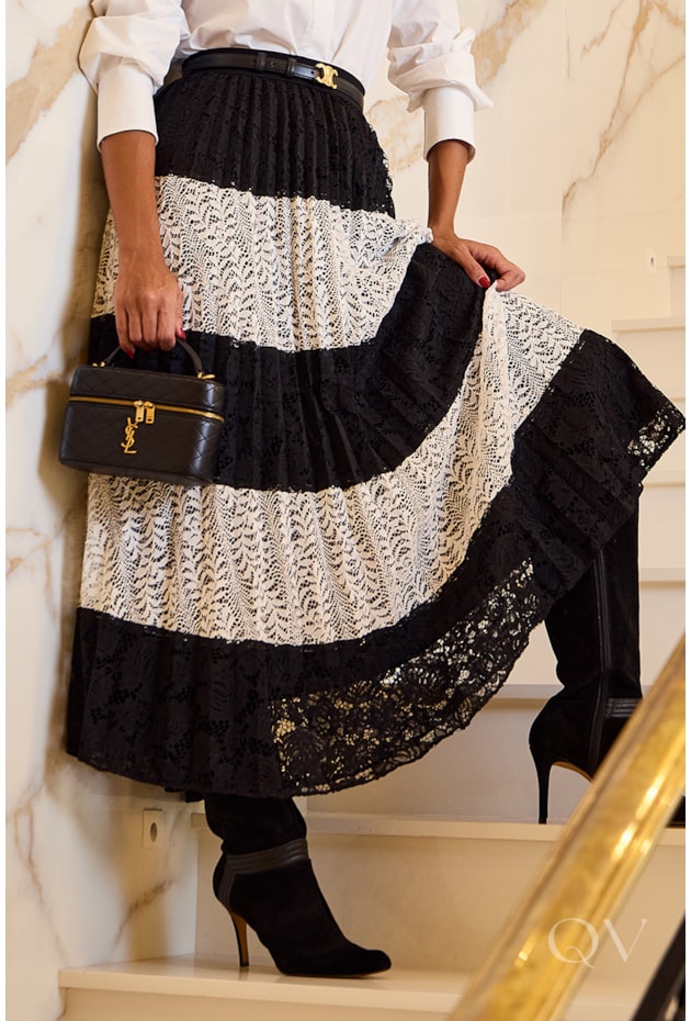 SAIA GODÊ PLISSADA EM RENDA BICOLOR - LUZIA FAZZOLLI