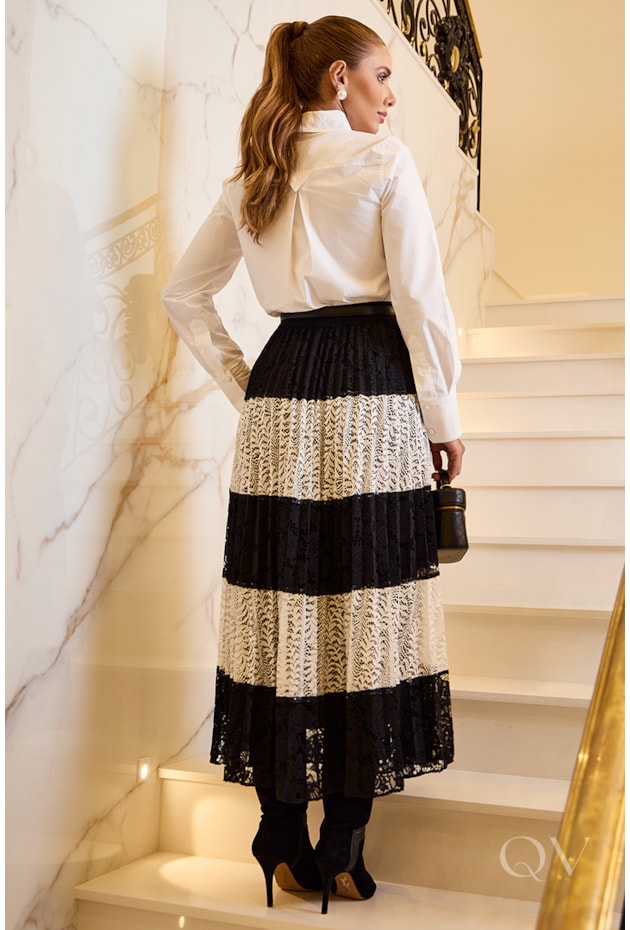 SAIA GODÊ PLISSADA EM RENDA BICOLOR - LUZIA FAZZOLLI