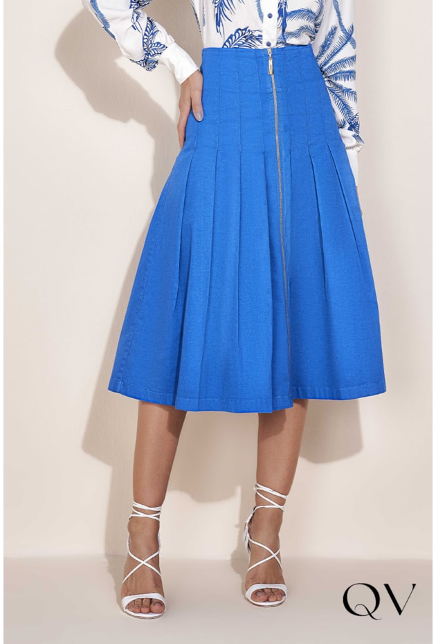 Saia Godê Sarja Collor Azul Titanium Jeans Moda Evangélica