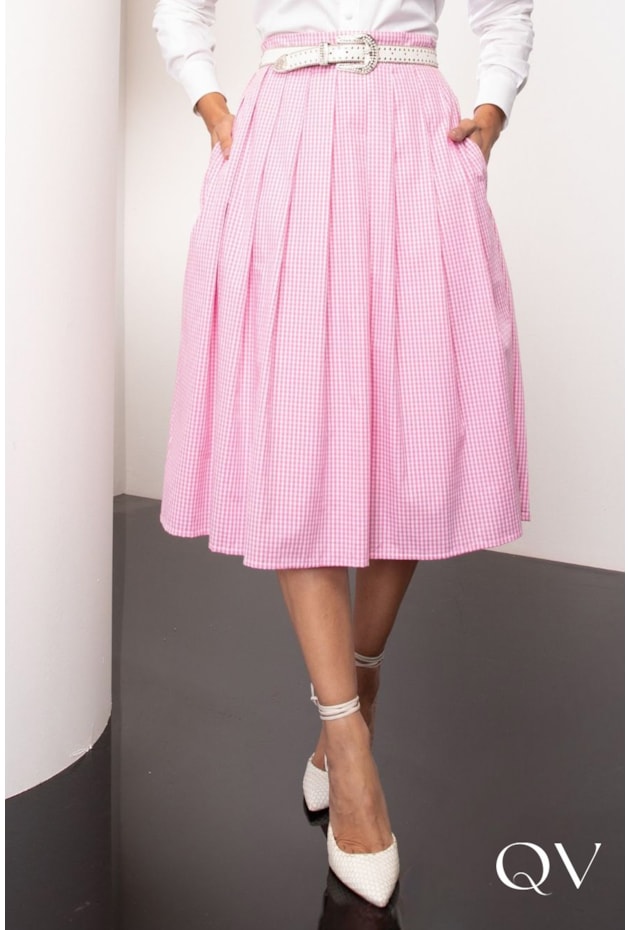 Saia Godê Tricoline Estampado Rosa Jany Pim QVestido Moda