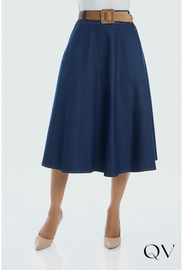 SAIA JEANS COM CINTO EM VELUDO AZUL - VIA TOLENTINO SAIA JEANS COM CINTO EM VELUDO AZUL - VIA TOLENTINO