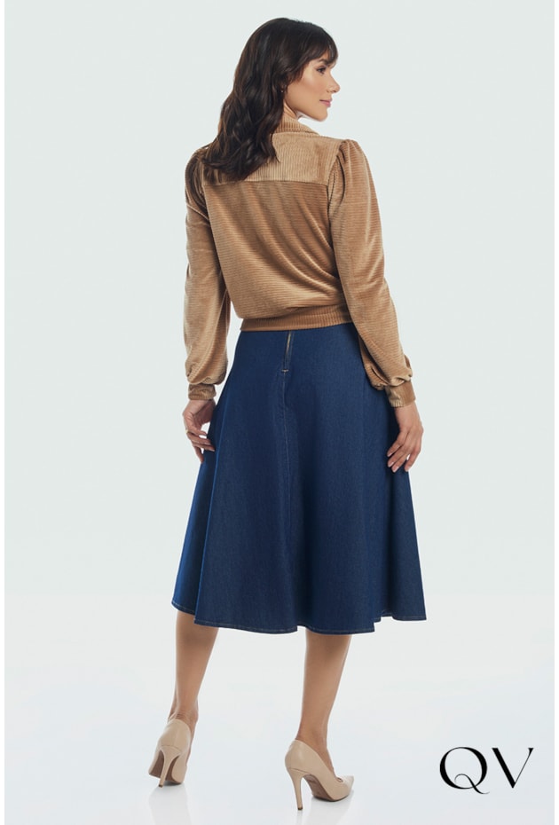 SAIA JEANS COM CINTO EM VELUDO AZUL - VIA TOLENTINO SAIA JEANS COM CINTO EM VELUDO AZUL - VIA TOLENTINO