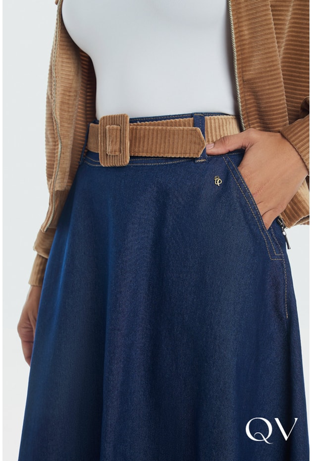 SAIA JEANS COM CINTO EM VELUDO AZUL - VIA TOLENTINO SAIA JEANS COM CINTO EM VELUDO AZUL - VIA TOLENTINO