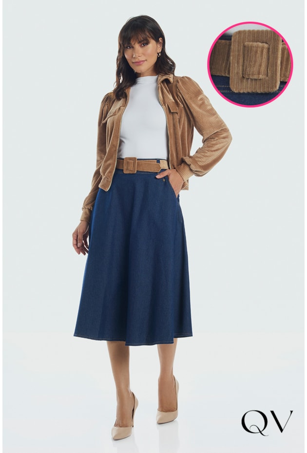 SAIA JEANS COM CINTO EM VELUDO AZUL - VIA TOLENTINO SAIA JEANS COM CINTO EM VELUDO AZUL - VIA TOLENTINO