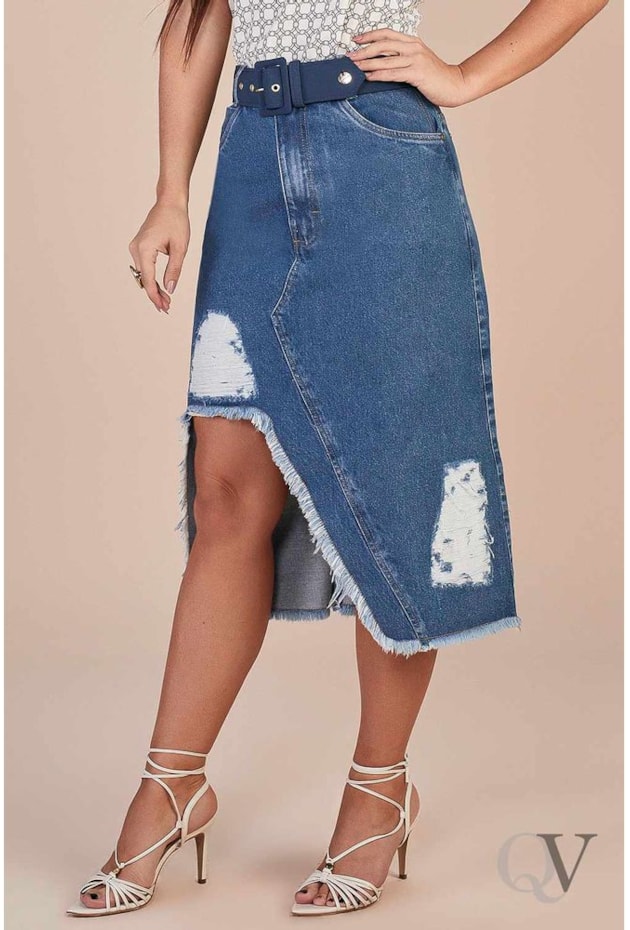 SAIA JEANS EVASÊ BARRADO ASSIMÉTRICO DET DESFIADO - TITANIUM JEANS SAIA JEANS EVASÊ BARRADO ASSIMÉTRICO DET DESFIADO - TITANIUM JEANS