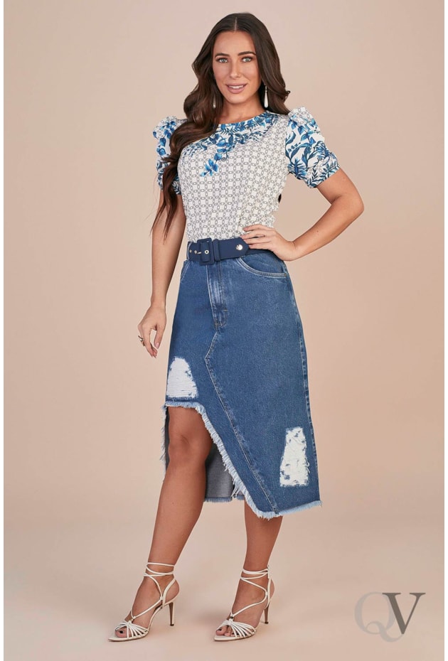 SAIA JEANS EVASÊ BARRADO ASSIMÉTRICO DET DESFIADO - TITANIUM JEANS SAIA JEANS EVASÊ BARRADO ASSIMÉTRICO DET DESFIADO - TITANIUM JEANS