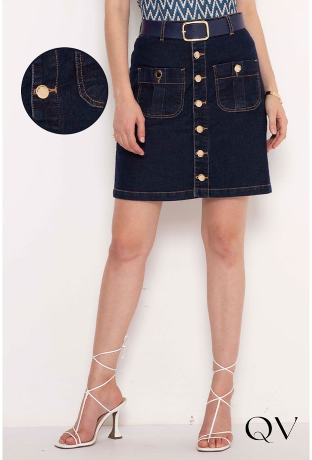 SAIA JEANS EVASÊ BOTÕES E CINTO - LAURA ROSA SAIA JEANS EVASÊ BOTÕES E CINTO - LAURA ROSA