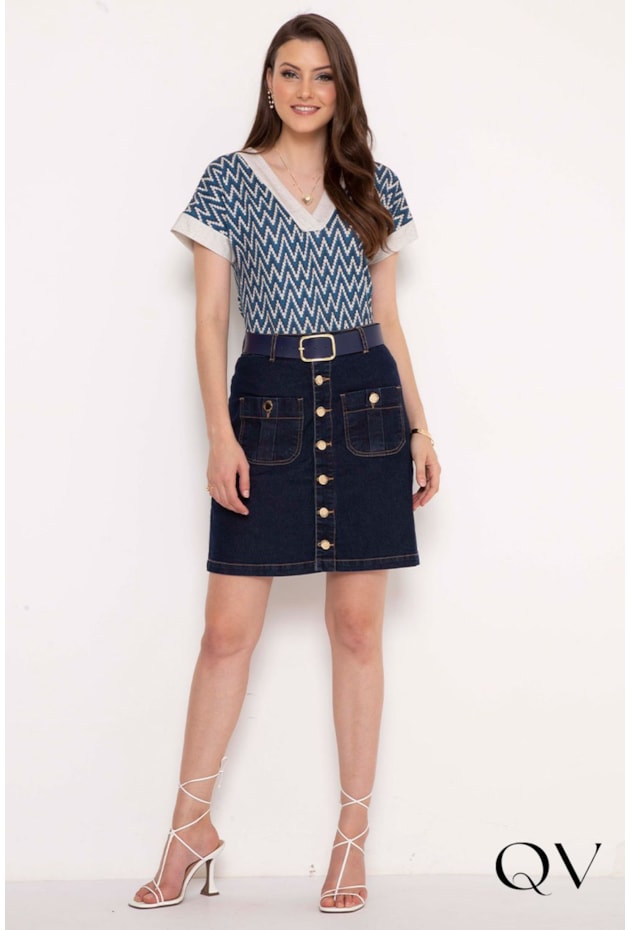 SAIA JEANS EVASÊ BOTÕES E CINTO - LAURA ROSA SAIA JEANS EVASÊ BOTÕES E CINTO - LAURA ROSA