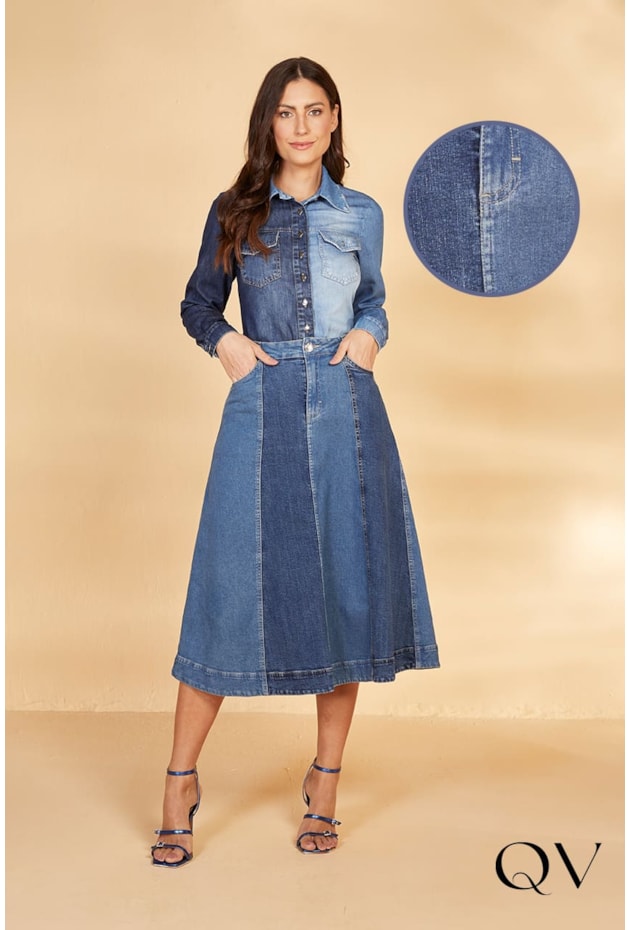 Saia Jeans Godê Block Color Titanium Jeans Moda Evangélica