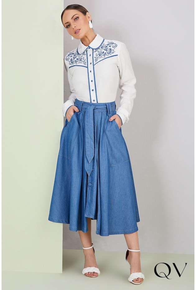 SAIA JEANS GODÊ BOTÕES E FAIXA - TITANIUM JEANS SAIA JEANS GODÊ BOTÕES E FAIXA - TITANIUM JEANS