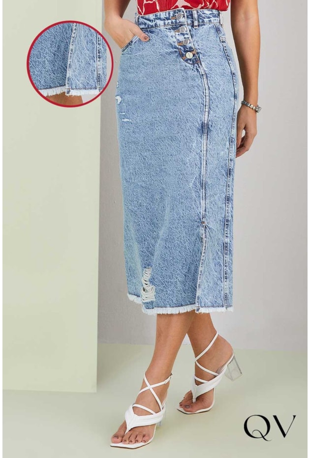 SAIA JEANS MIDI EVASÊ BARRA DESFIADA DESTROYED - TITANIUM JEANS SAIA JEANS MIDI EVASÊ BARRA DESFIADA DESTROYED - TITANIUM JEANS