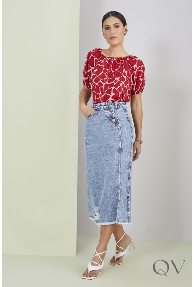 SAIA JEANS MIDI EVASÊ BARRA DESFIADA DESTROYED - TITANIUM JEANS SAIA JEANS MIDI EVASÊ BARRA DESFIADA DESTROYED - TITANIUM JEANS