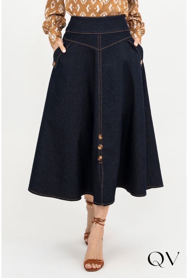 Saia Jeans Midi Godê Azul Via Tolentino QVestido Moda
