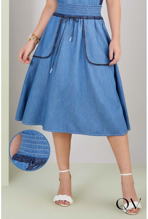 SAIA JEANS MIDI GODÊ CÓS FRANZIDO - TITANIUM JEANS SAIA JEANS MIDI GODÊ CÓS FRANZIDO - TITANIUM JEANS