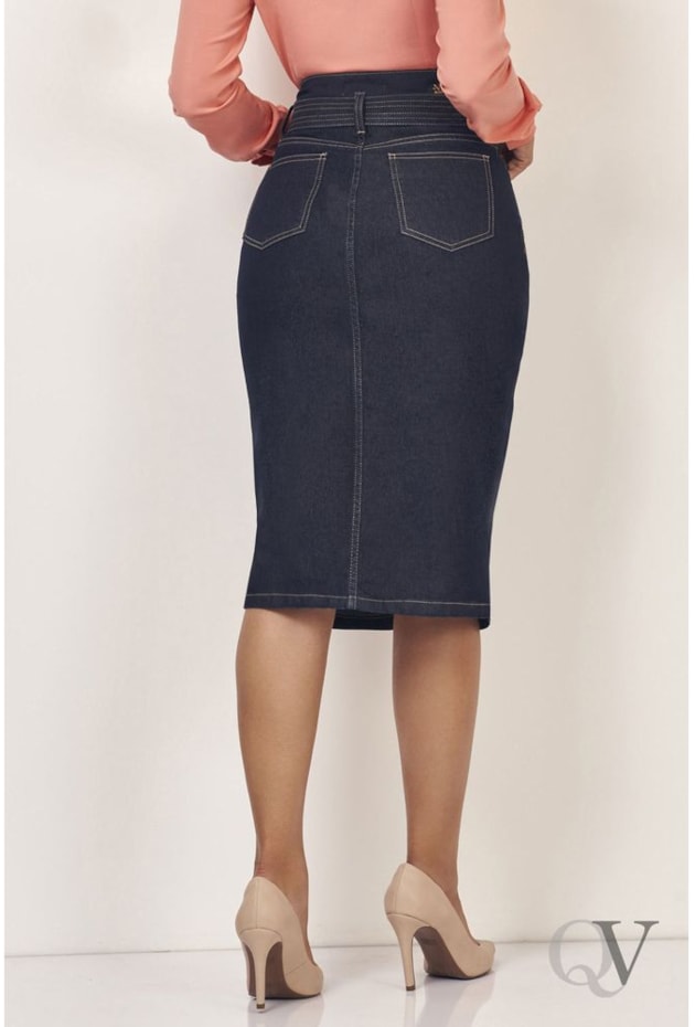 SAIA JEANS MIDI LÁPIS FENDA FRONTAL COM CINTO - VIA TOLENTINO SAIA JEANS MIDI LÁPIS FENDA FRONTAL COM CINTO - VIA TOLENTINO