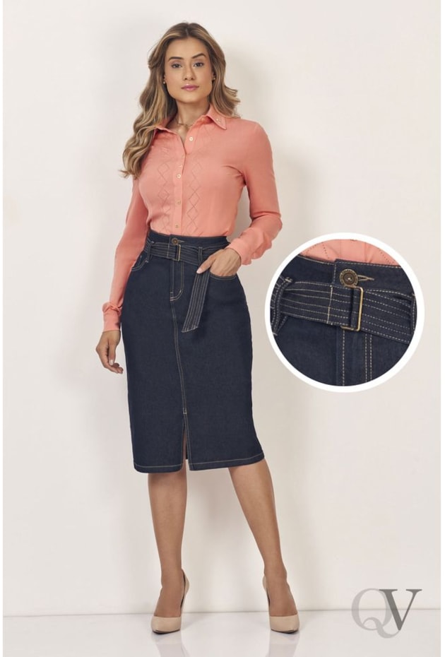 SAIA JEANS MIDI LÁPIS FENDA FRONTAL COM CINTO - VIA TOLENTINO SAIA JEANS MIDI LÁPIS FENDA FRONTAL COM CINTO - VIA TOLENTINO