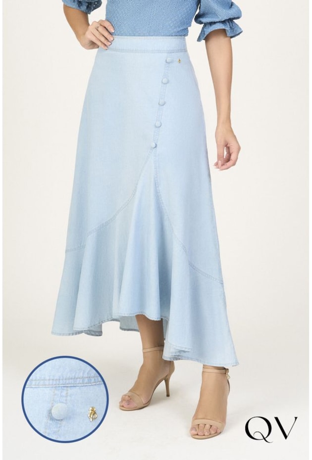 SAIA JEANS MULLET COM BOTÕES ENCAPADOS - VIA TOLETINO SAIA JEANS MULLET COM BOTÕES ENCAPADOS - VIA TOLETINO