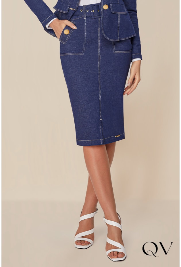Saia Jeans Pespontada Azul Titanium Jeans QVestido Moda