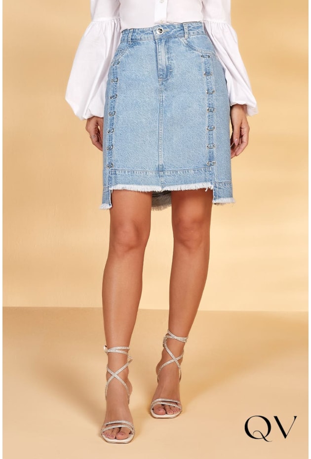 SAIA JEANS SEMI EVASÊ COM ILHÓS - TITANIUM JEANS SAIA JEANS SEMI EVASÊ COM ILHÓS - TITANIUM JEANS