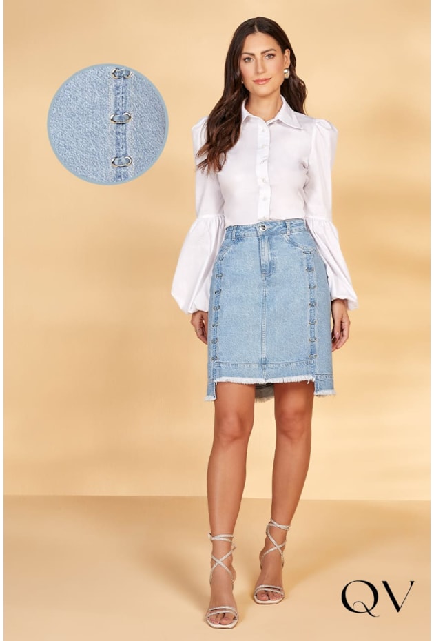 SAIA JEANS SEMI EVASÊ COM ILHÓS - TITANIUM JEANS SAIA JEANS SEMI EVASÊ COM ILHÓS - TITANIUM JEANS