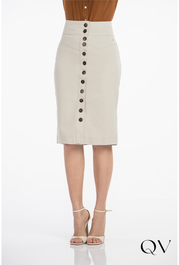 Saia Lápis Com Botões Frontal Bege Via Tolentino QVestido Moda