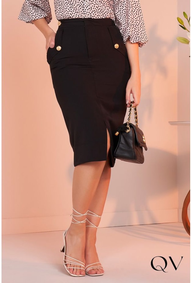 Preta Alfaiataria Saia Lapis Social Preta Saia Lápis Cós Om Botão