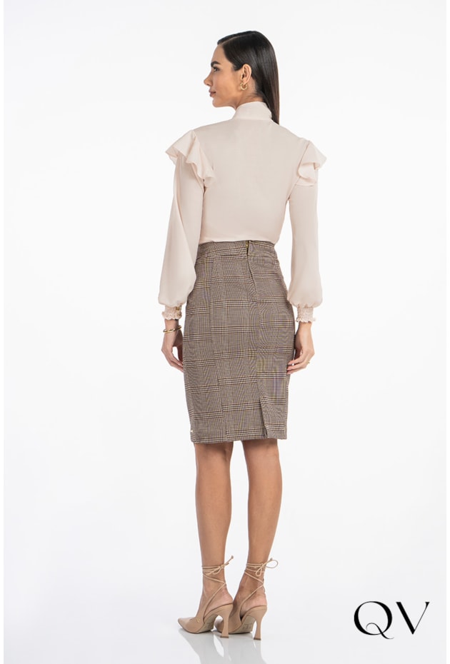 SAIA LÁPIS EM MALHA XADREZ MARROM - VIA TOLENTINO SAIA LÁPIS EM MALHA XADREZ MARROM - VIA TOLENTINO