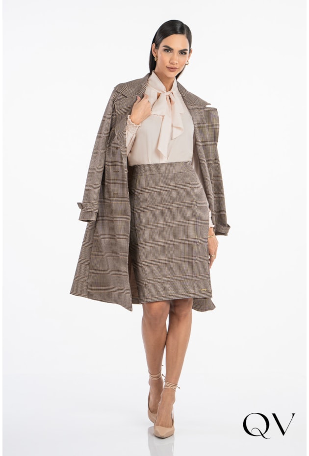 SAIA LÁPIS EM MALHA XADREZ MARROM - VIA TOLENTINO SAIA LÁPIS EM MALHA XADREZ MARROM - VIA TOLENTINO