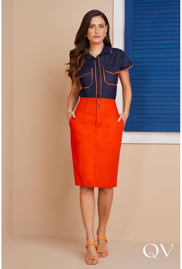 SAIA LÁPIS EM SARJA LARANJA - TITANIUM JEANS SAIA LÁPIS EM SARJA LARANJA - TITANIUM JEANS
