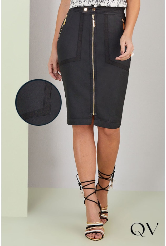 SAIA LÁPIS RESINADA COM ZÍPER FRONTAL PRETO - TITANIUM JEANS SAIA LÁPIS RESINADA COM ZÍPER FRONTAL PRETO - TITANIUM JEANS