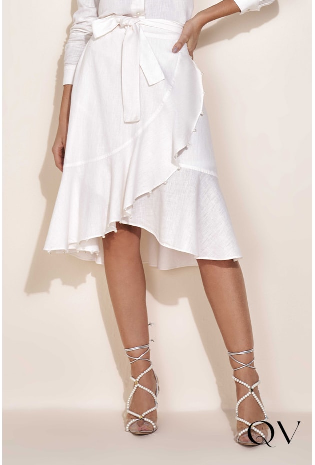 SAIA LINHO BORDADO PÉROLAS OFF - TITANIUM JEANS SAIA LINHO BORDADO PÉROLAS OFF - TITANIUM JEANS