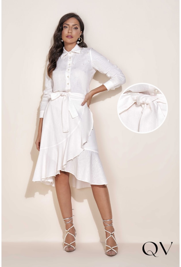 SAIA LINHO BORDADO PÉROLAS OFF - TITANIUM JEANS SAIA LINHO BORDADO PÉROLAS OFF - TITANIUM JEANS