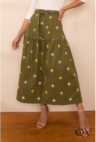 Produto SAIA LINHO BORDADO VERDE MILITAR - LEKAZIS