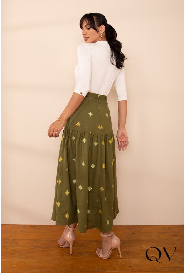 SAIA LINHO BORDADO VERDE MILITAR - LEKAZIS SAIA LINHO BORDADO VERDE MILITAR - LEKAZIS