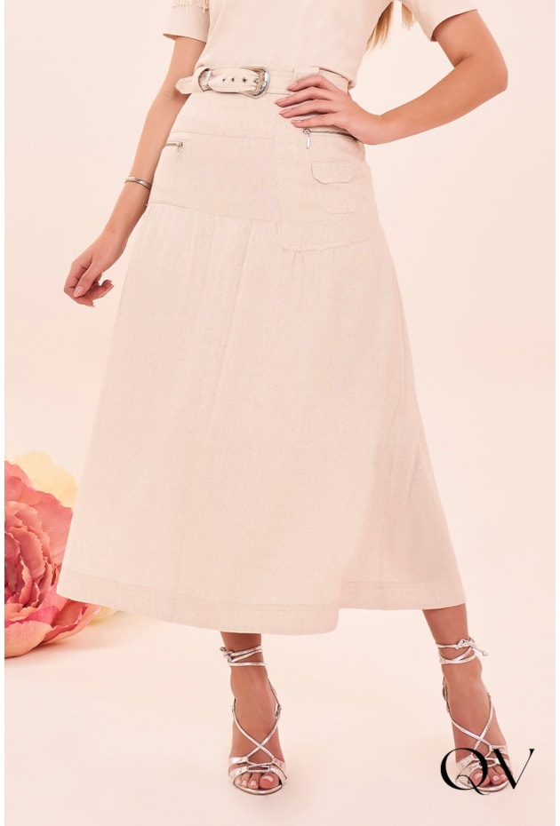 SAIA LINHO CÓS COM FIVELA BEGE - FASCÍNIUS SAIA LINHO CÓS COM FIVELA BEGE - FASCÍNIUS