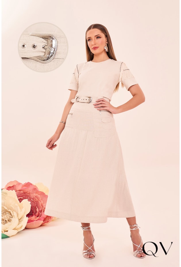 SAIA LINHO CÓS COM FIVELA BEGE - FASCÍNIUS SAIA LINHO CÓS COM FIVELA BEGE - FASCÍNIUS