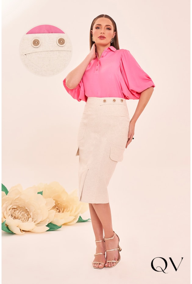 SAIA LINHO MAXI BOLSOS BEGE - FASCÍNIUS SAIA LINHO MAXI BOLSOS BEGE - FASCÍNIUS